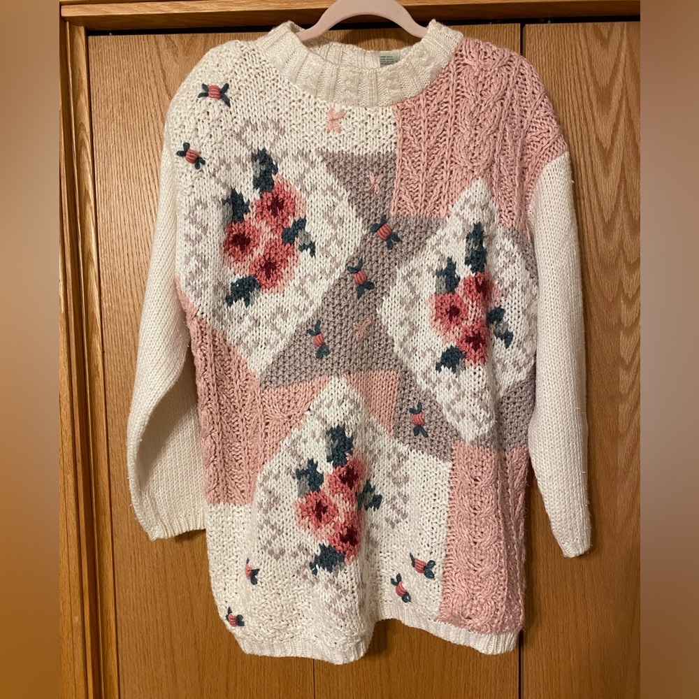 VTG Colleen’s Collectables Knit Sweater L Embroidered Grannycore Ramie Blend
